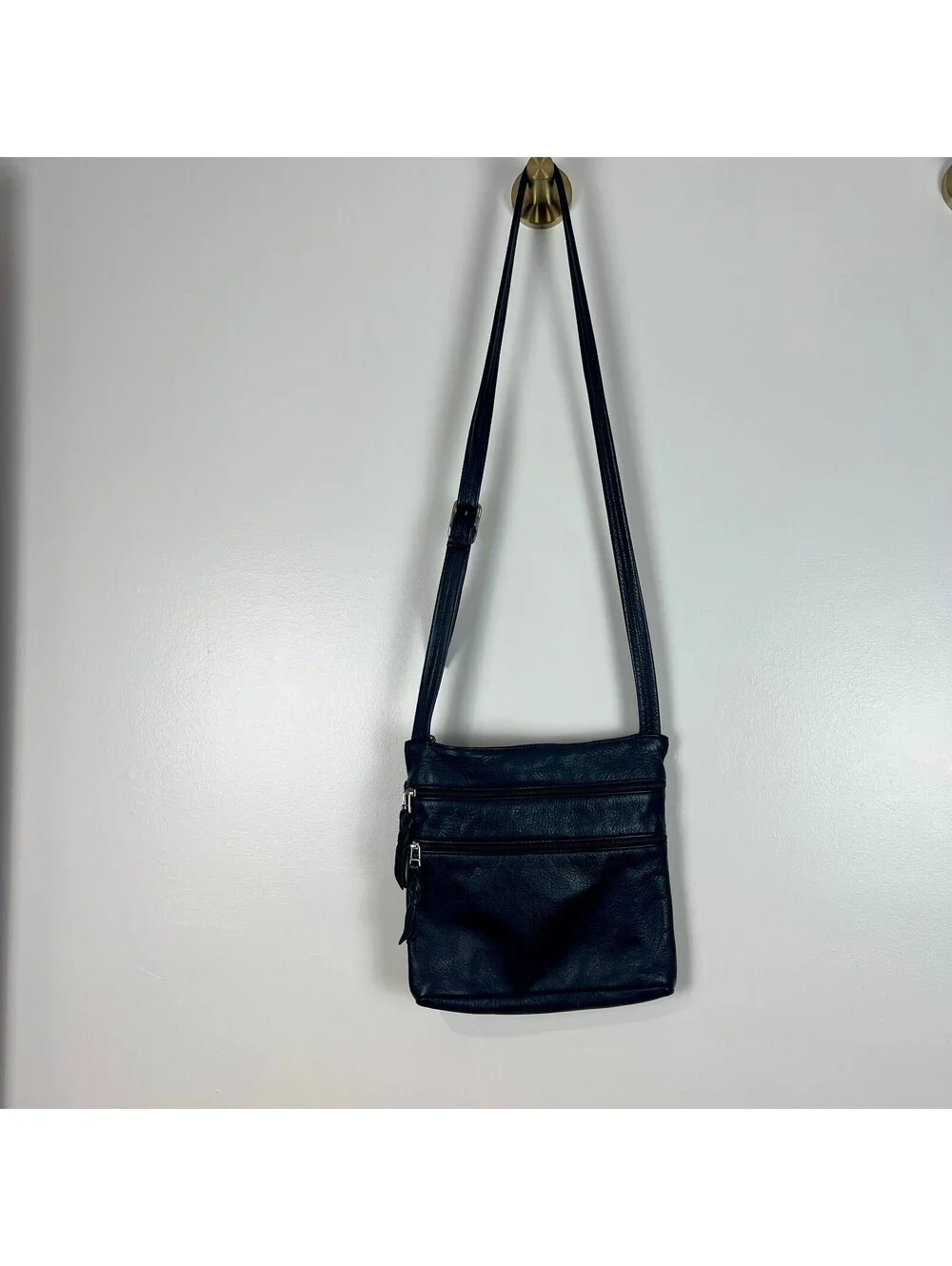SAS Genuine Leather Black Crossbody Organizer Bag Adjustable Strap USA Made
